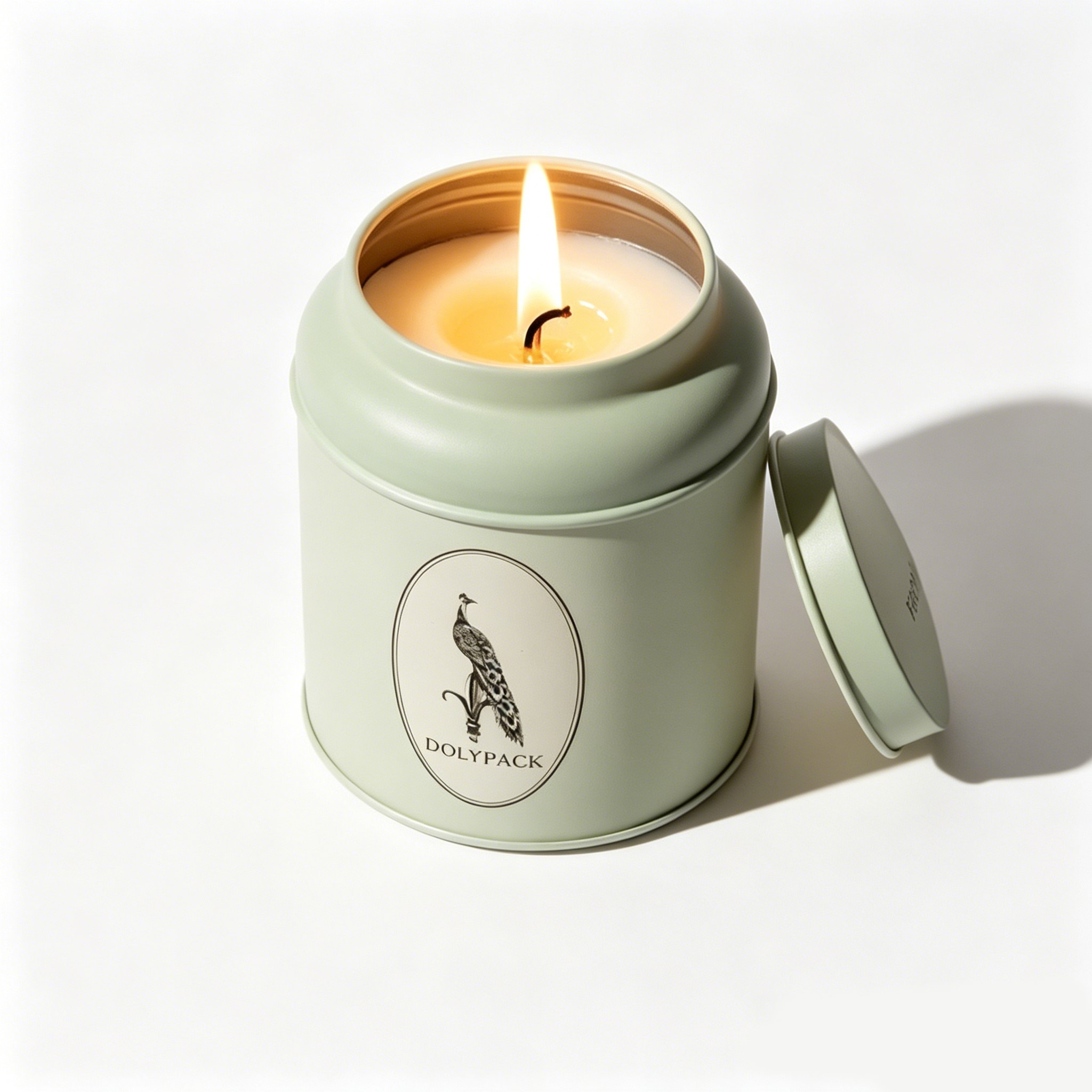 lit candle in mint green tin with peacock logo