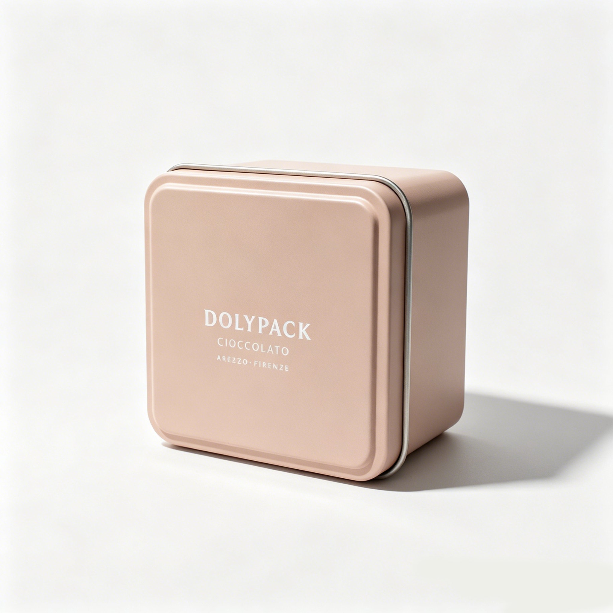 soft pink square tin with embossed text on lid