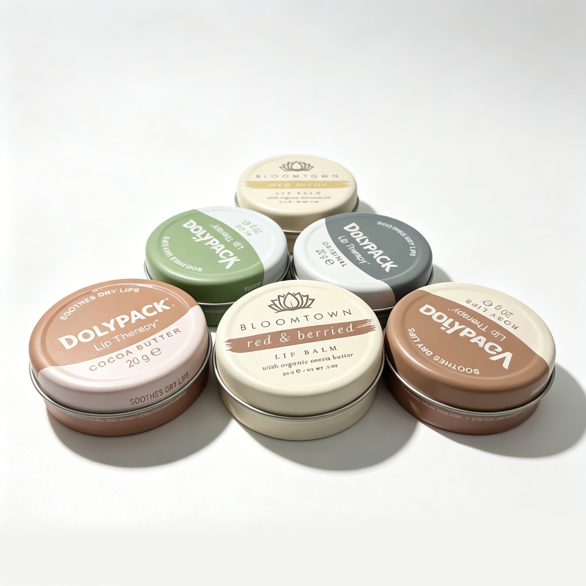 Six aluminum tins with various lip therapy labels arranged in a circle