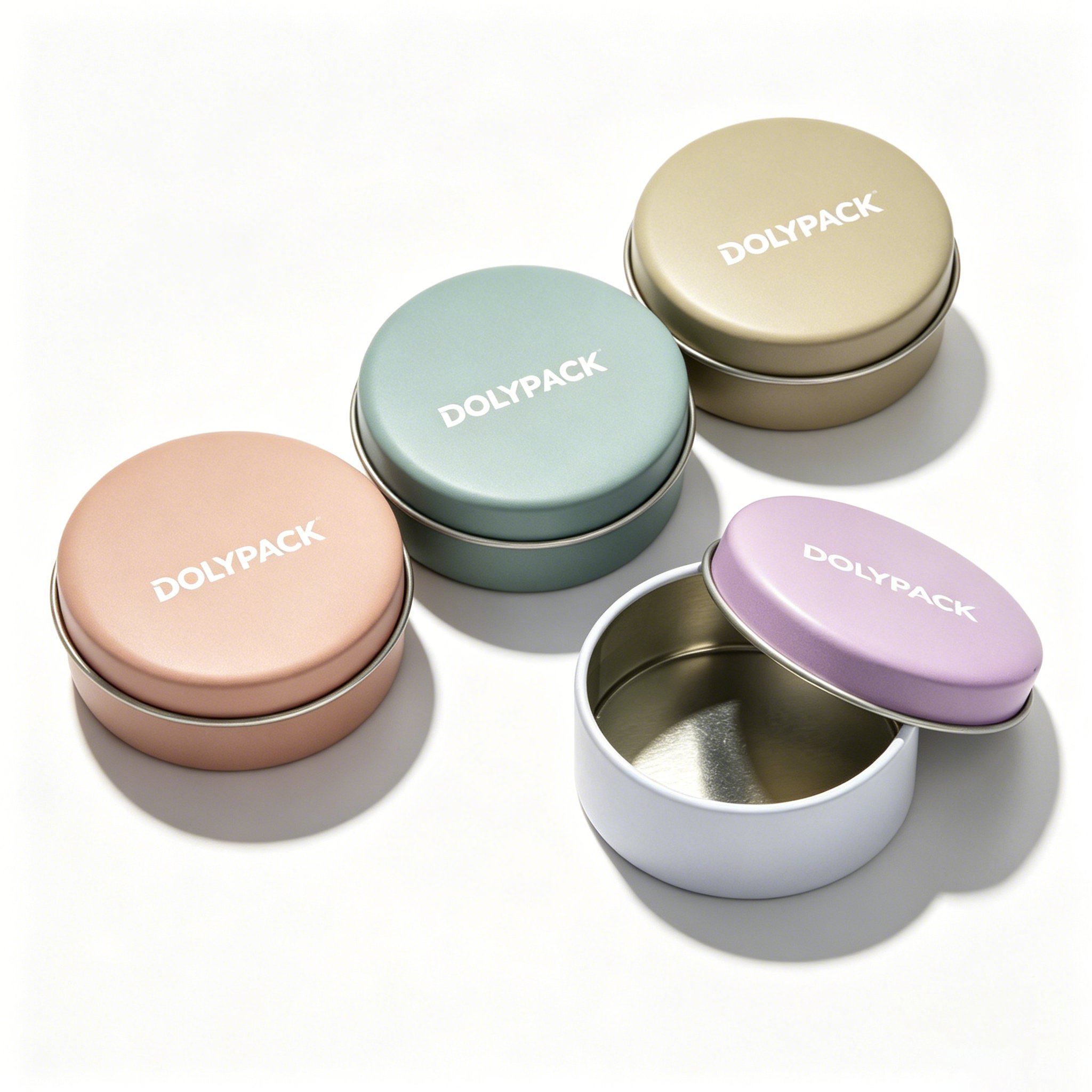 circular aluminum tin filled with black caviar, lid off, on white background