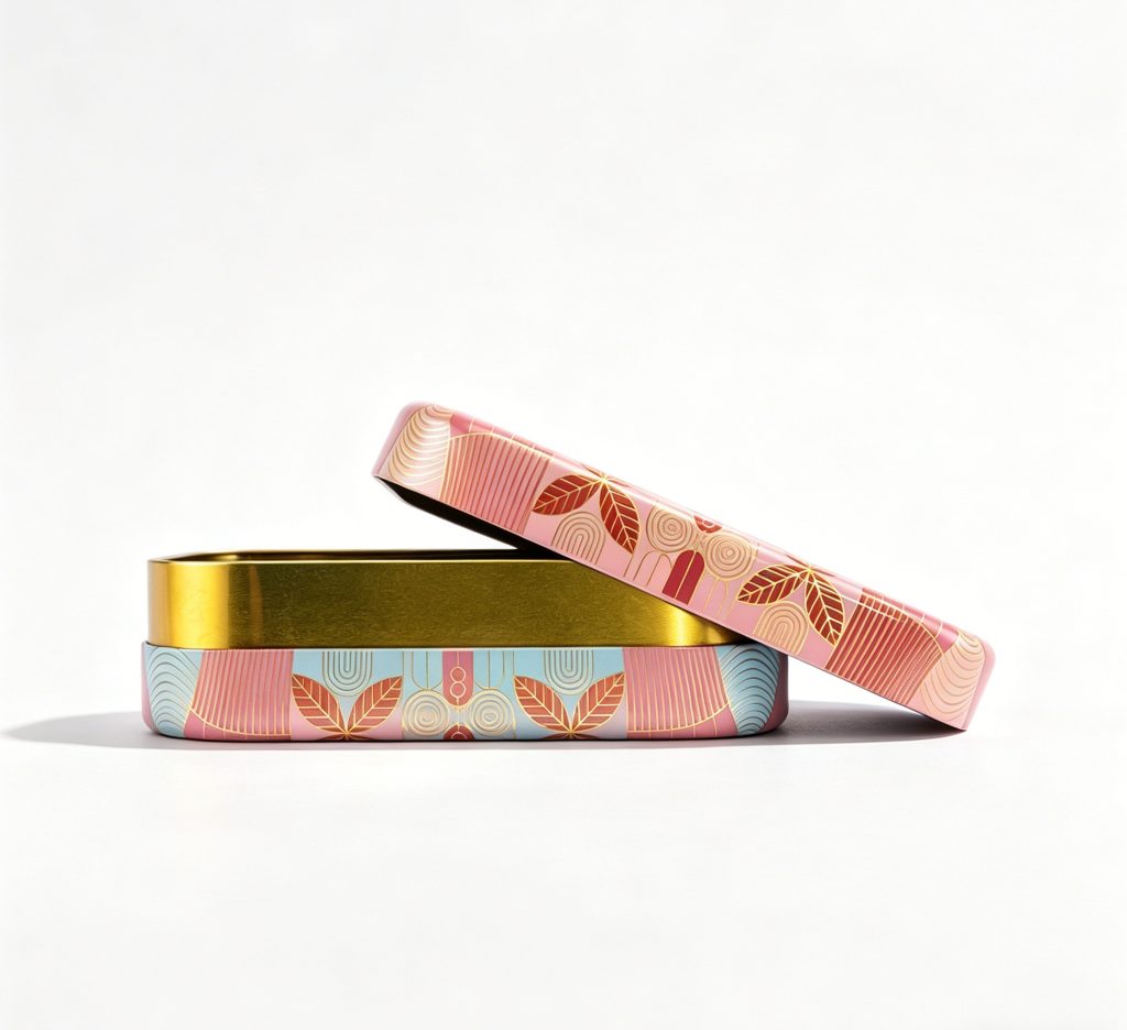 round tin box with pink exterior, gold interior, and floral lid design