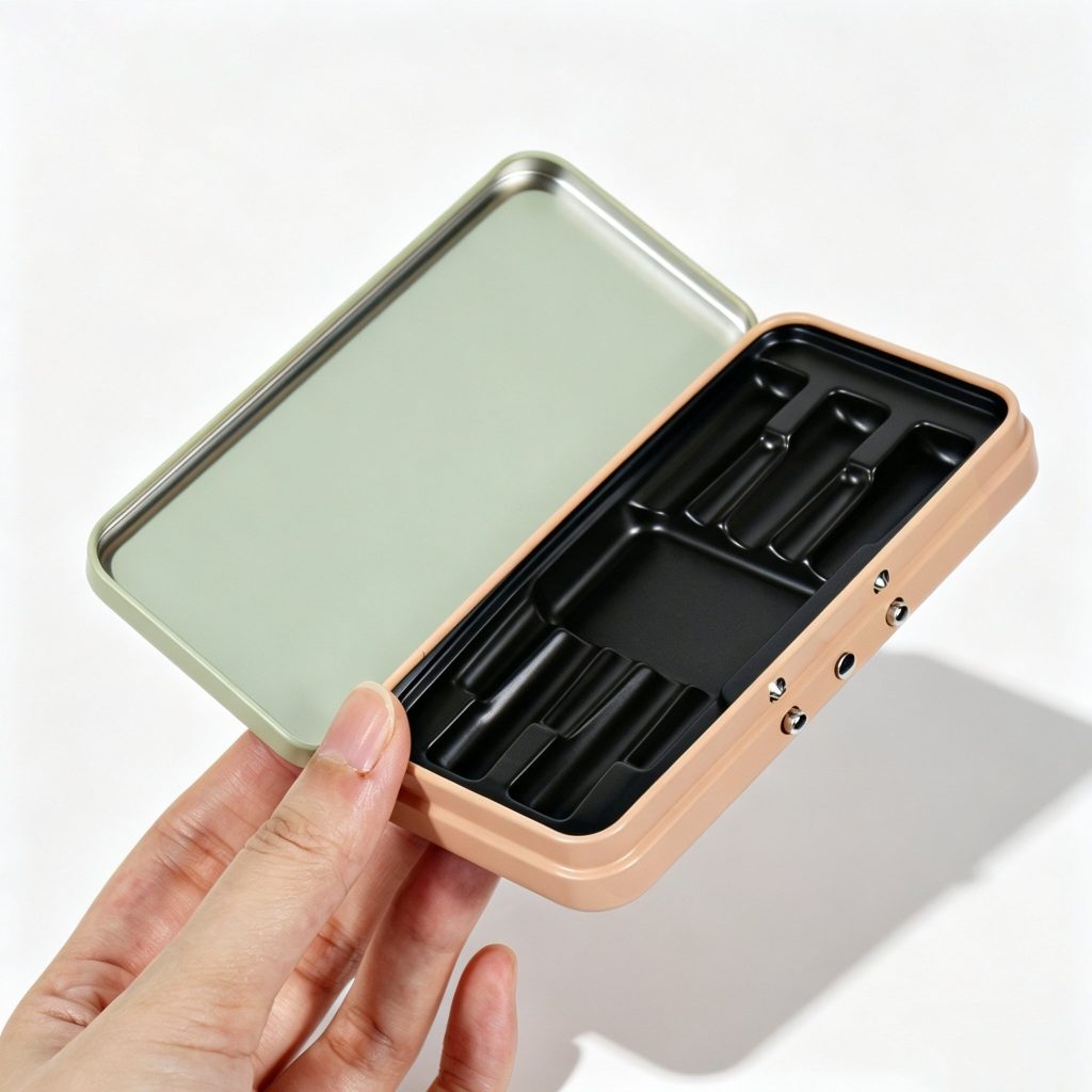 metallic tin box open on white background