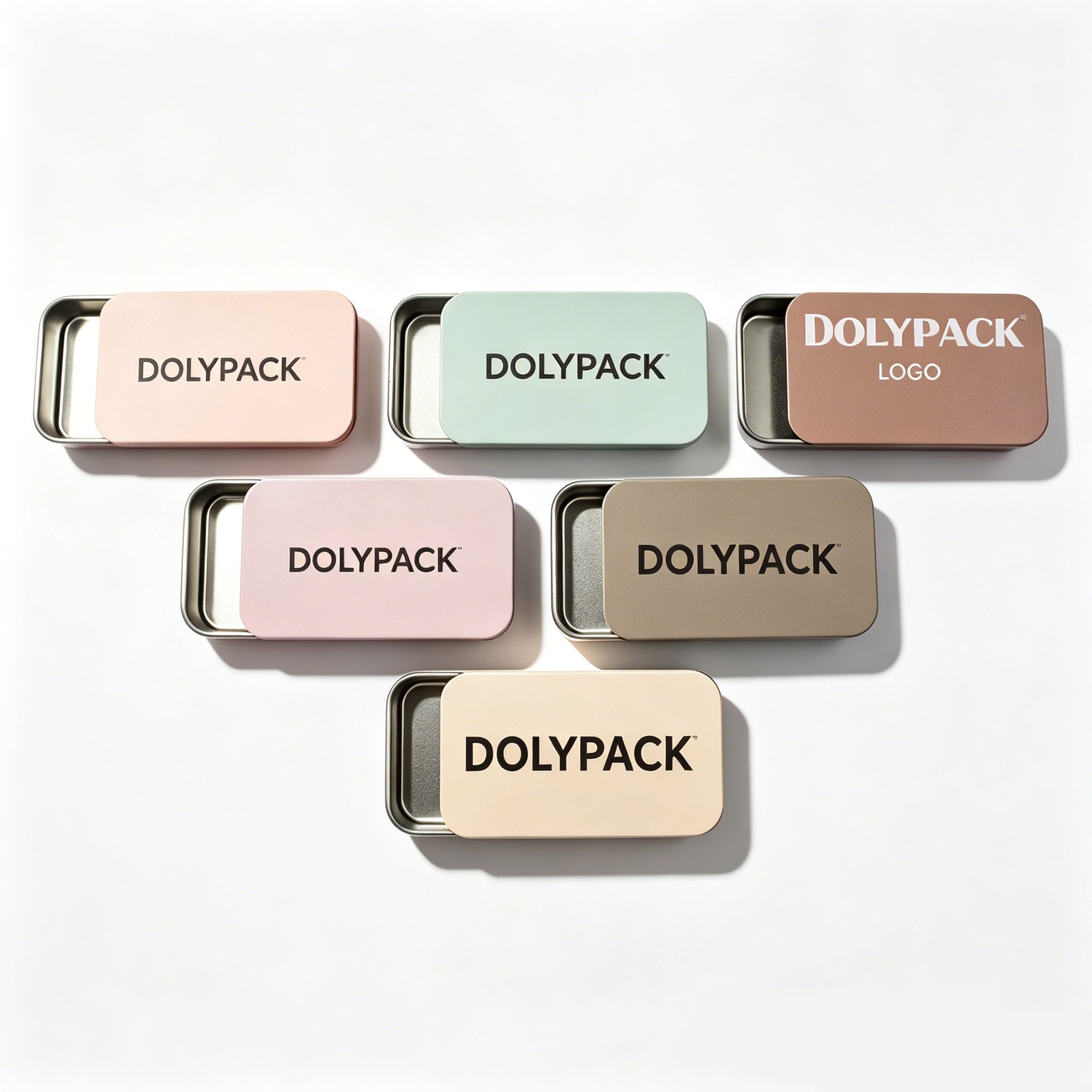 Six pastel-colored DOLYPACK tins displayed on white background