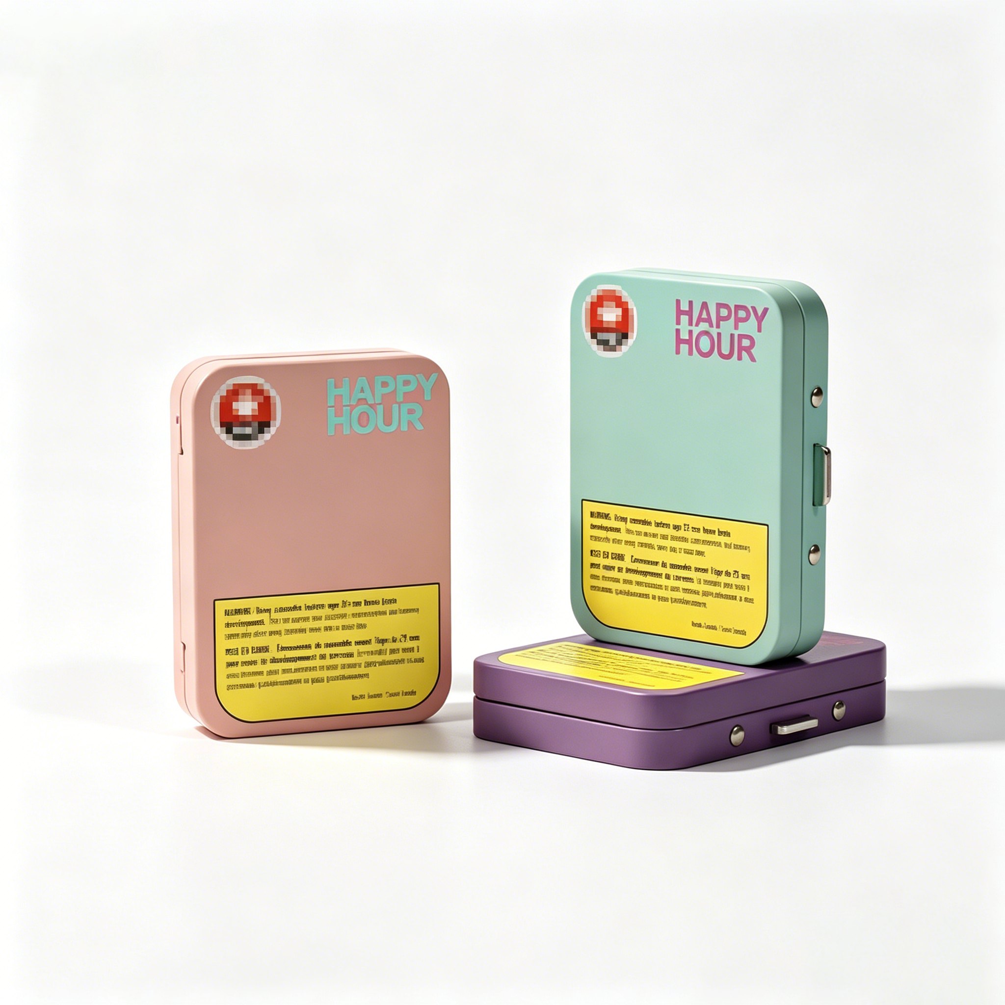 Two colorful tins labeled Happy Hour with mushroom design