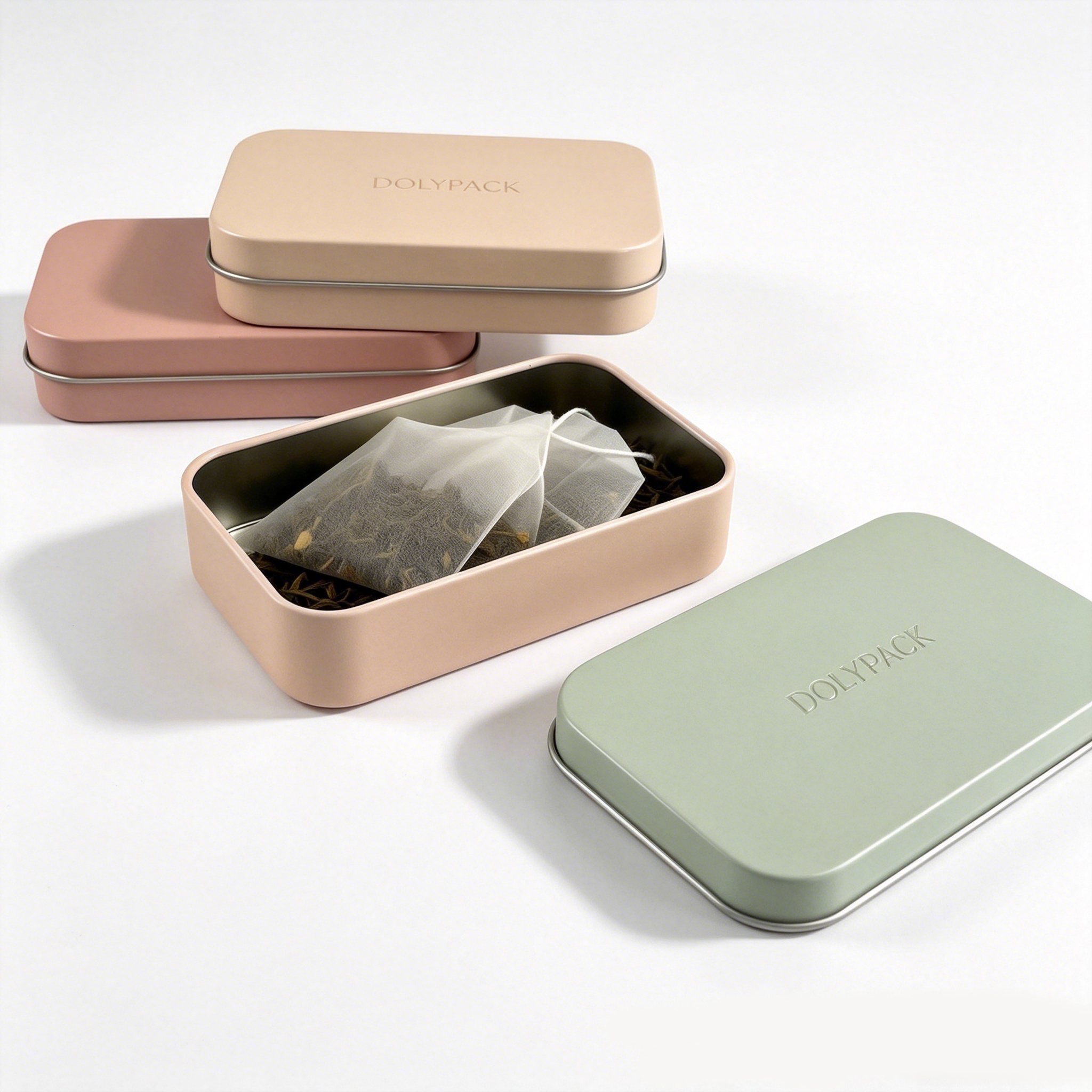 Pastel-colored rectangular tins with one open revealing tea bags inside