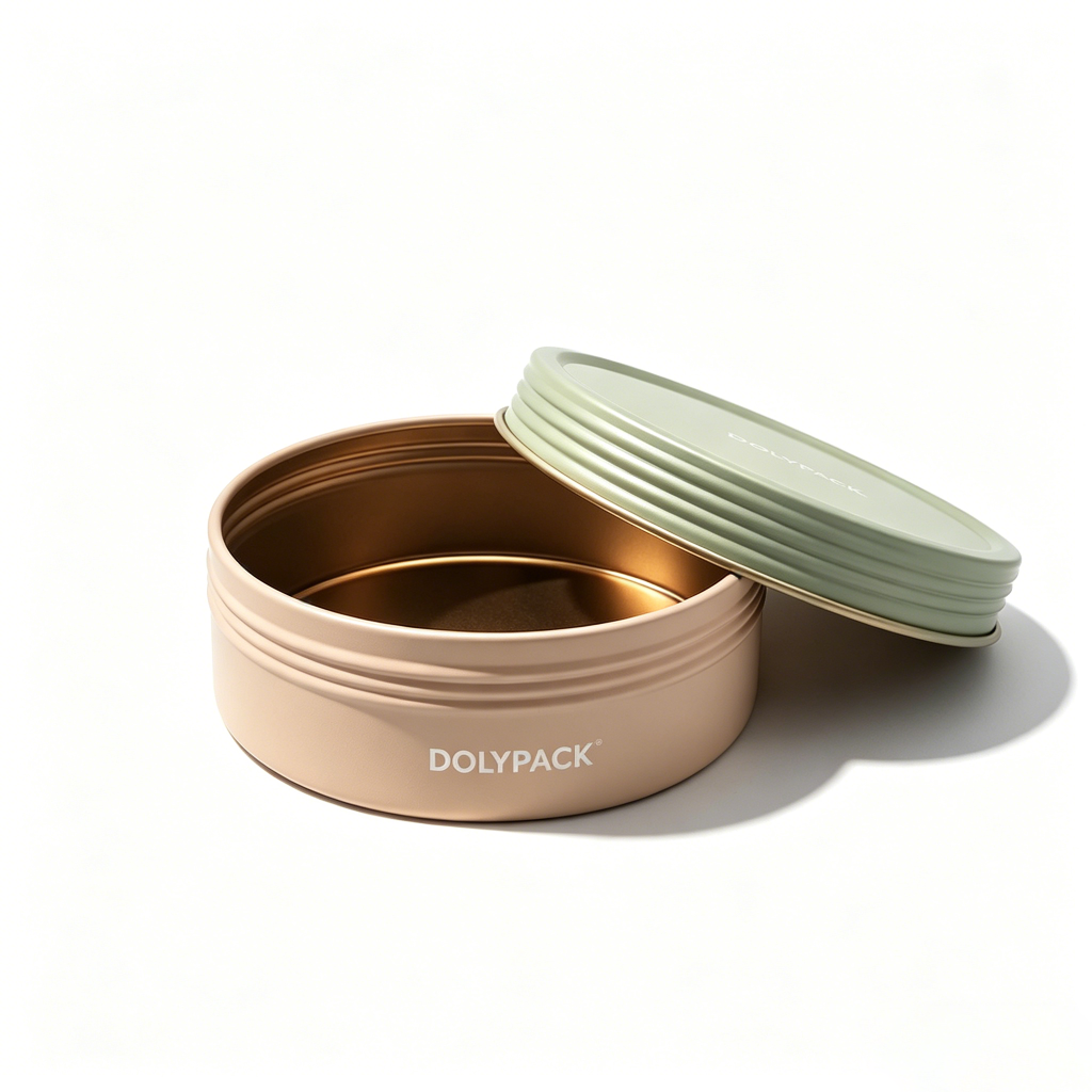 round tin box with green lid and gold interior