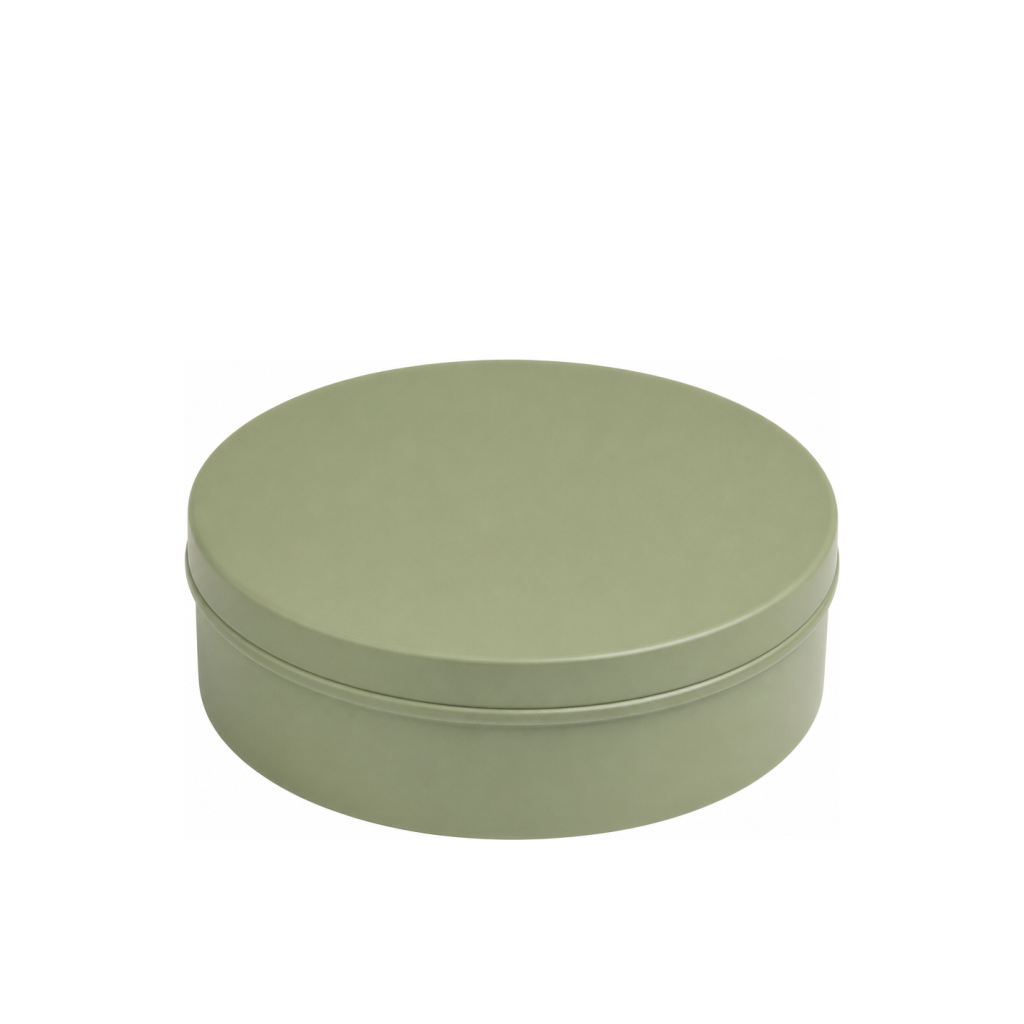 olive green round tin box with flat lid, 85mm x 50mm