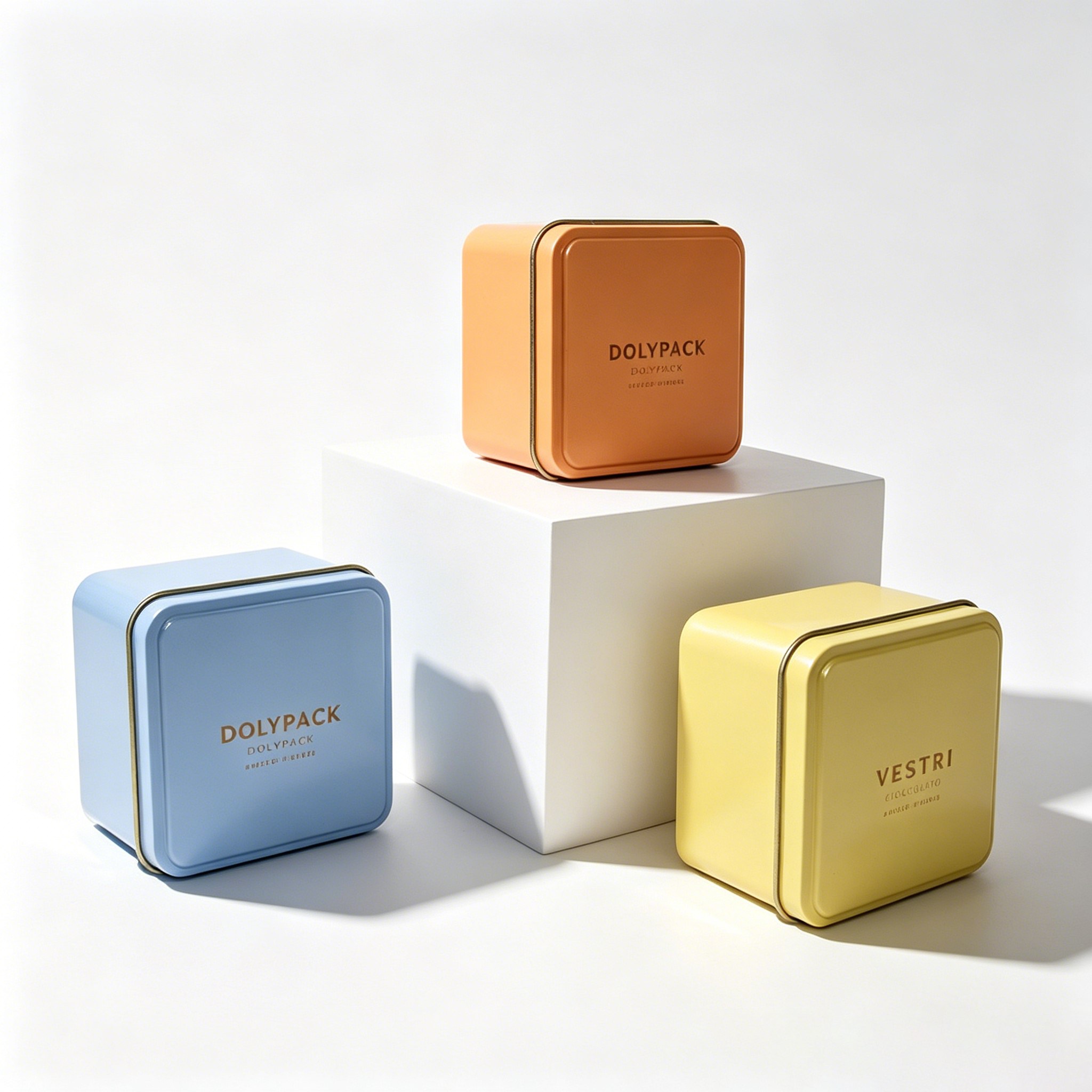 Three colorful square tin boxes arranged on white pedestals
