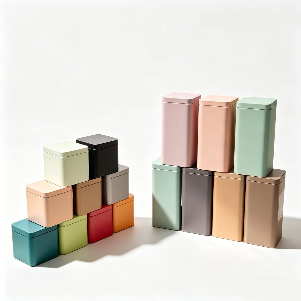 Two colorful square tins with playful dog treat designs