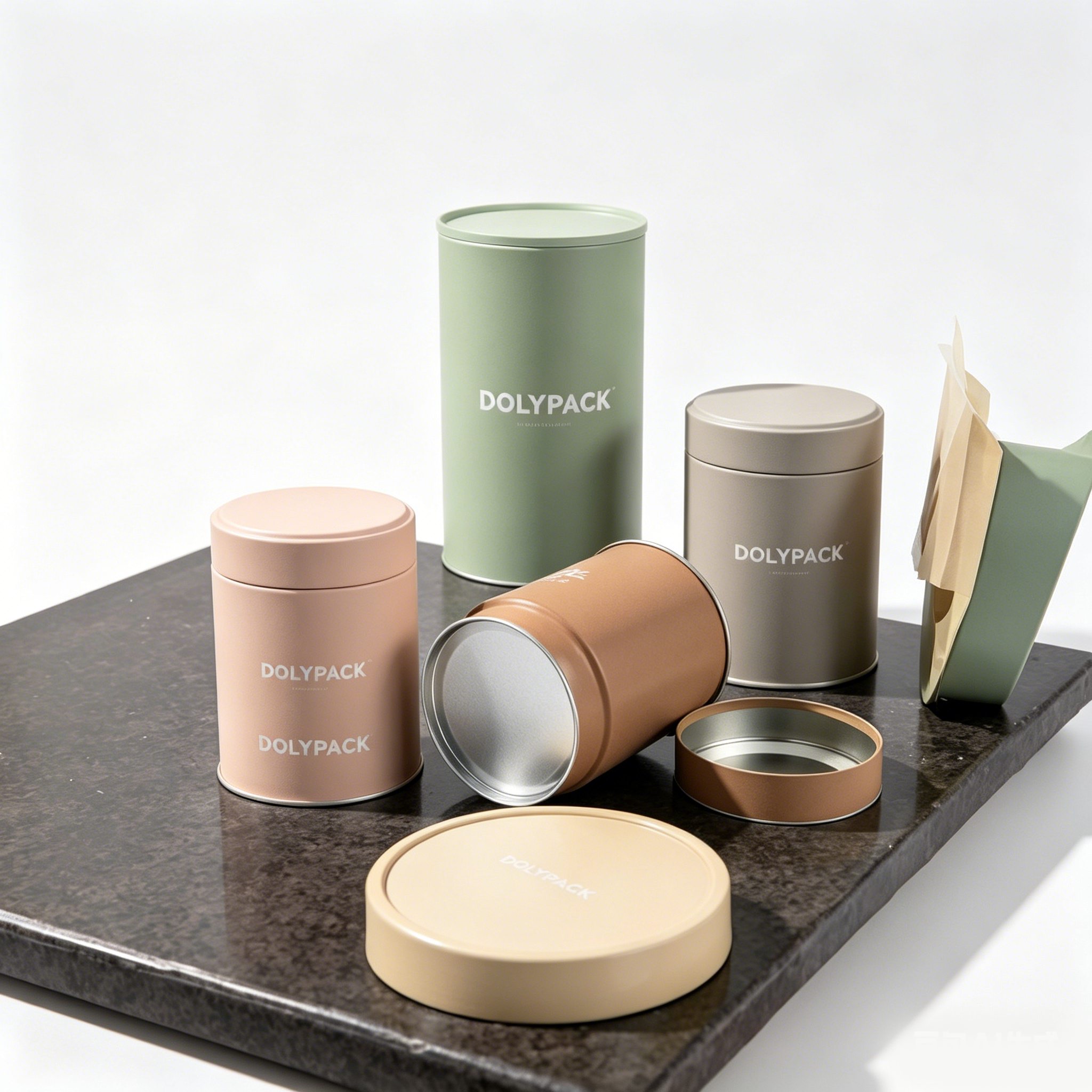 Pastel-colored Dolypack tea tins displayed on a dark tray with some lids off and packaging materials beside them.