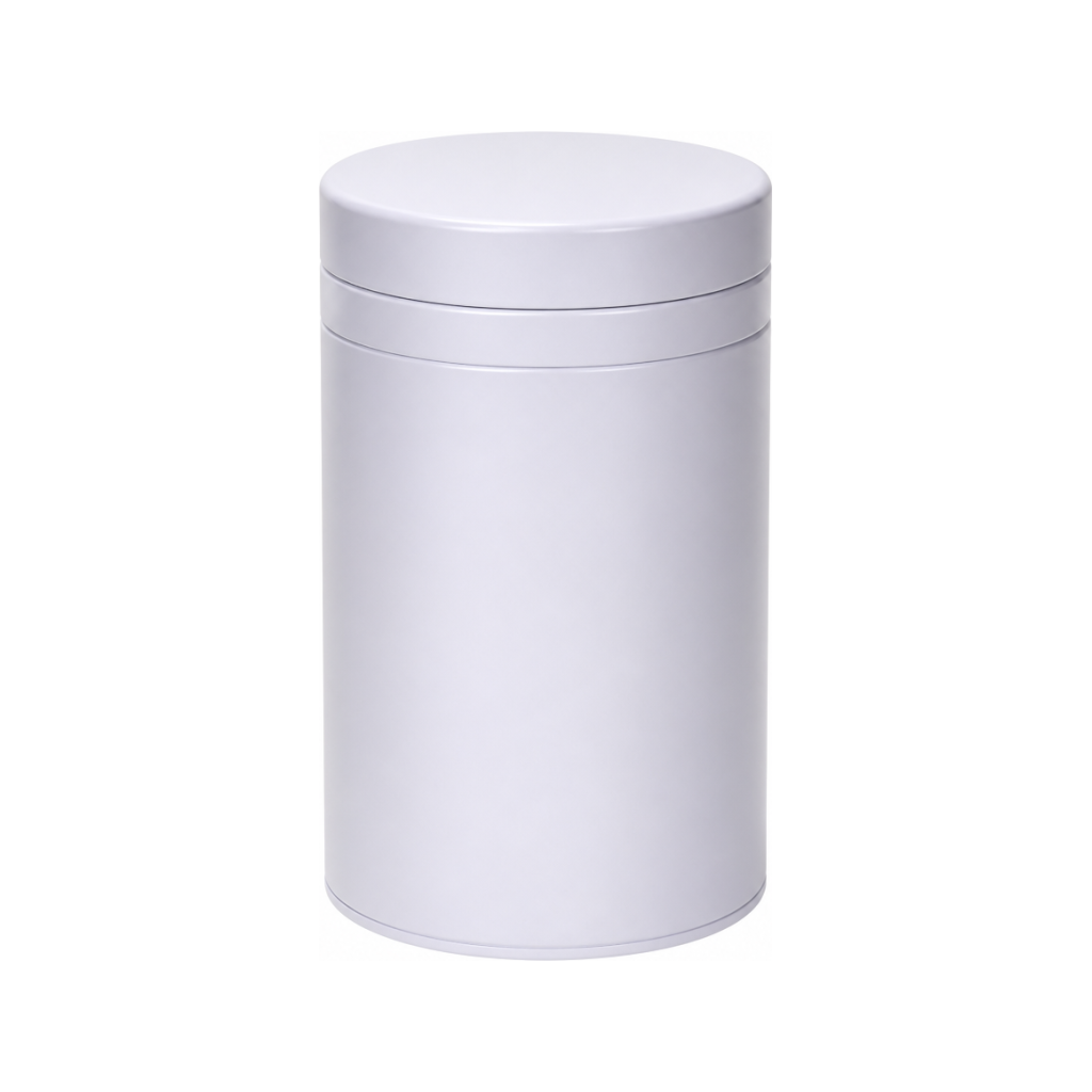 White cylindrical tea tin with lid