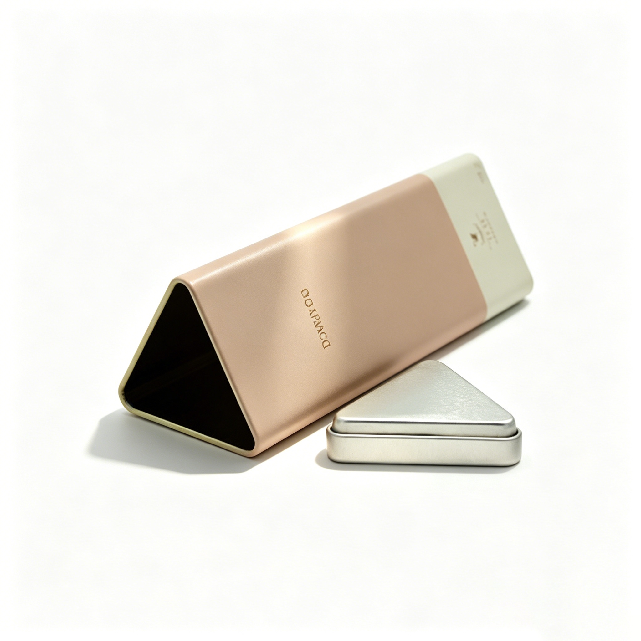 Rose gold tin box with silver lid on white background
