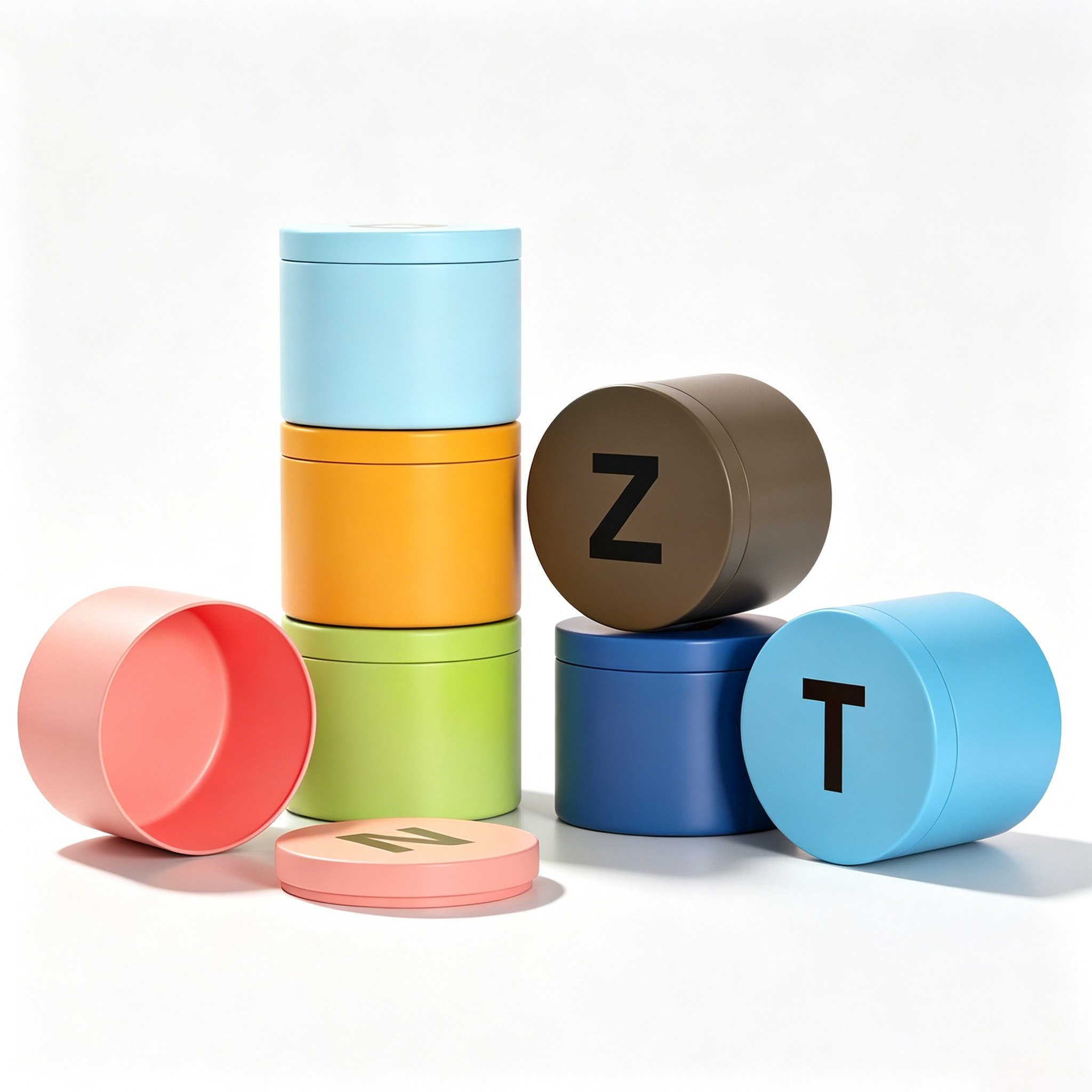 Colorful tin containers with lettered lids stacked and scattered