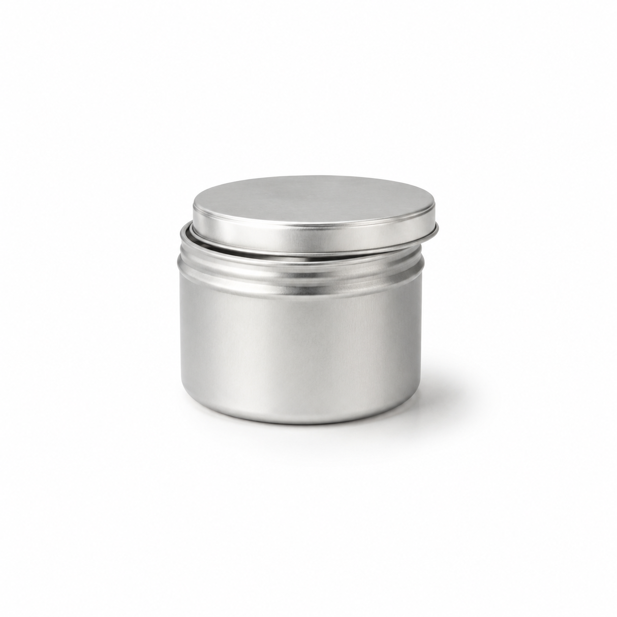 metallic silver candle jar with click lid on white background