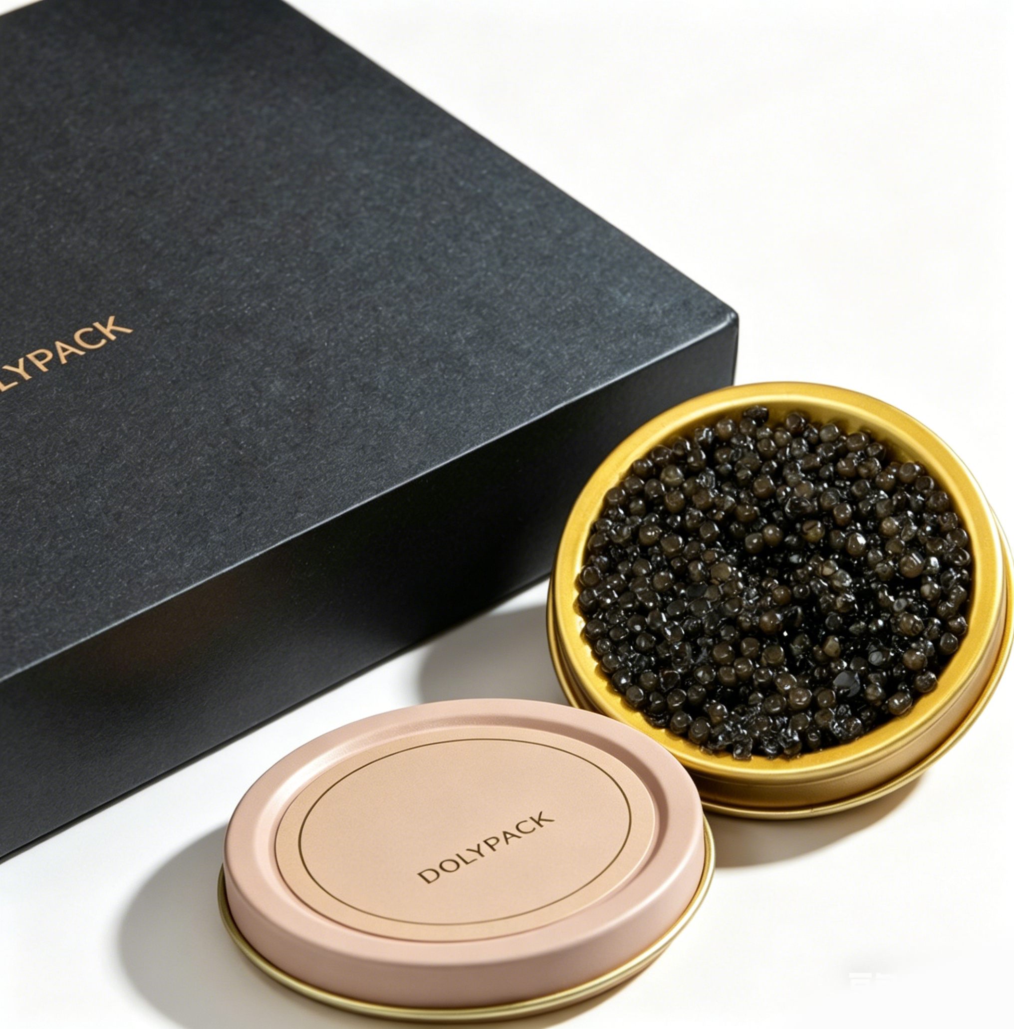 Custom printed caviar tin lid and branded gift box packaging