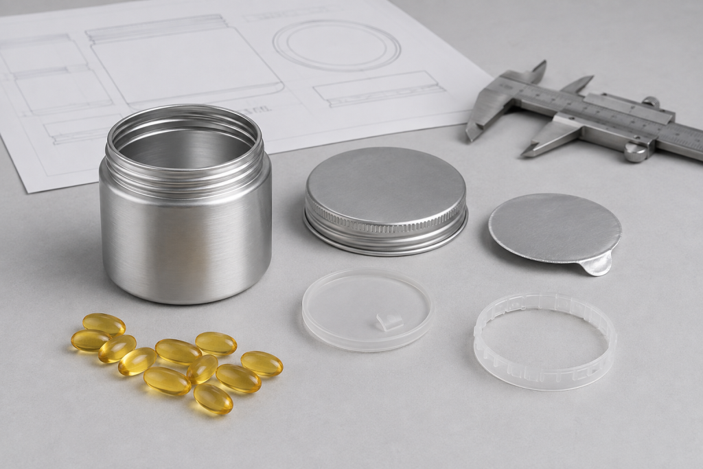 Metallic container with caps, yellow capsules, blueprint, and caliper on gray surface