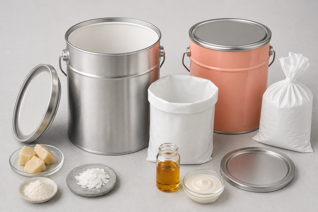 two large tins with lids off, surrounded by ingredients including cheese, coconut flakes, oil, and powder