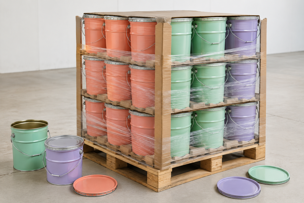 stacked colorful tin containers on pallet with plastic wrap