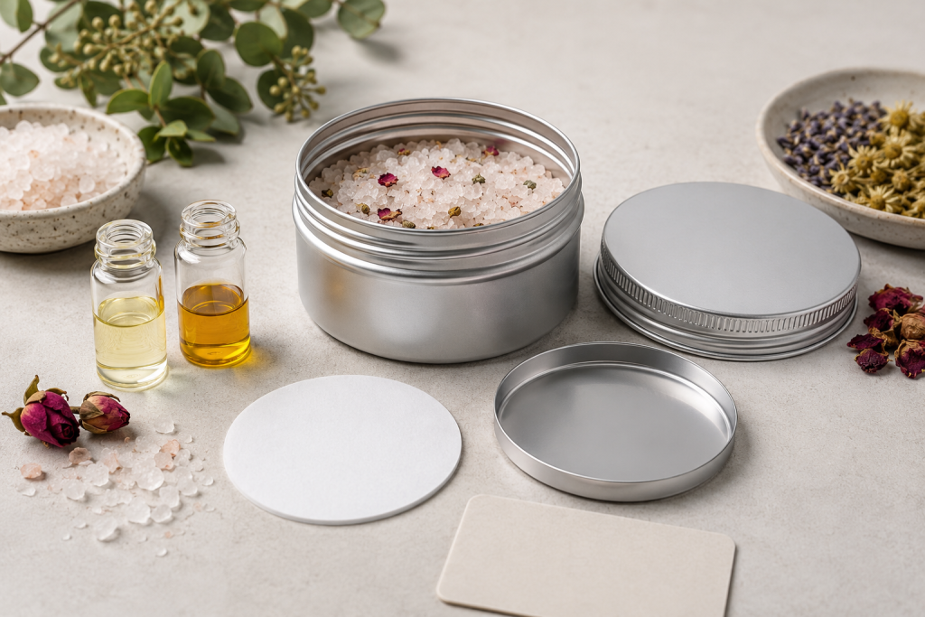 metallic tin with bath salts, essential oils, and dried flowers on a neutral surface