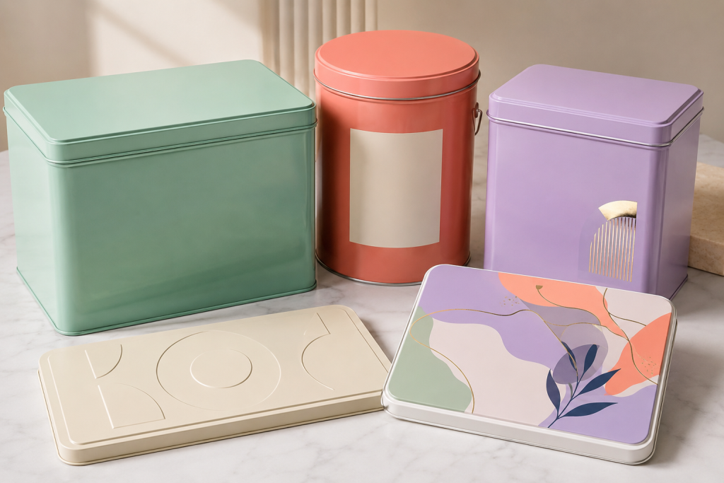 pastel-colored tin containers with lids and metal clasps