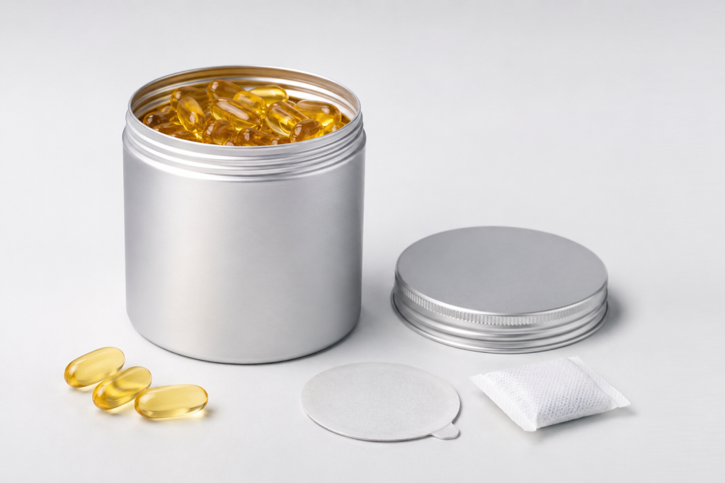 Silver aluminum jar filled with golden fish oil capsules, lid off, capsules scattered nearby