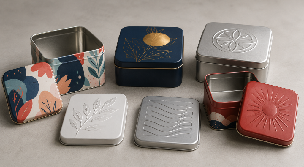 Square tins with embossed designs in blue, red, silver, and white colors