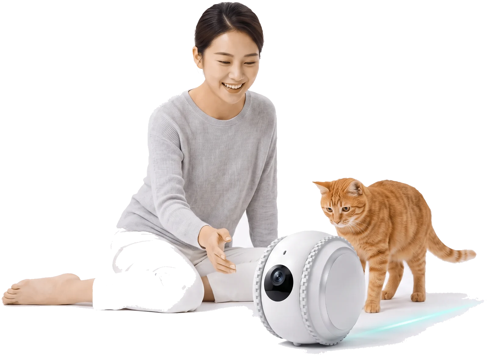 女孩与橘猫和移动智能看护机器人互动